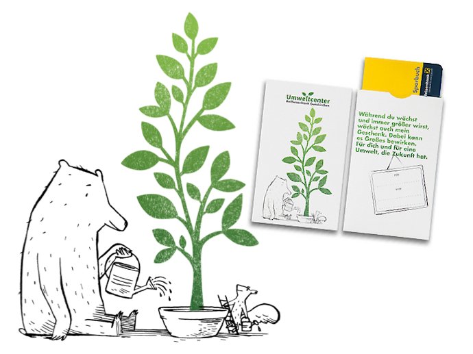 Sparbuchhülle Umweltcenter mit gezeichnetem Bär, der das Geldbäumchen wässert
